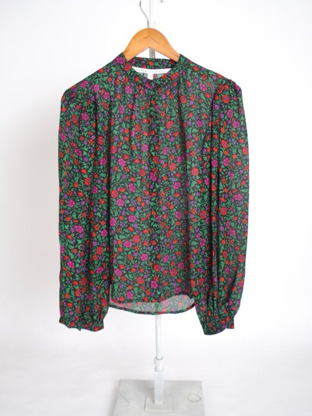 Veronica Beard AshlynFloral Long-Sleeve Blouse - Black with Red & Purple Flowers
